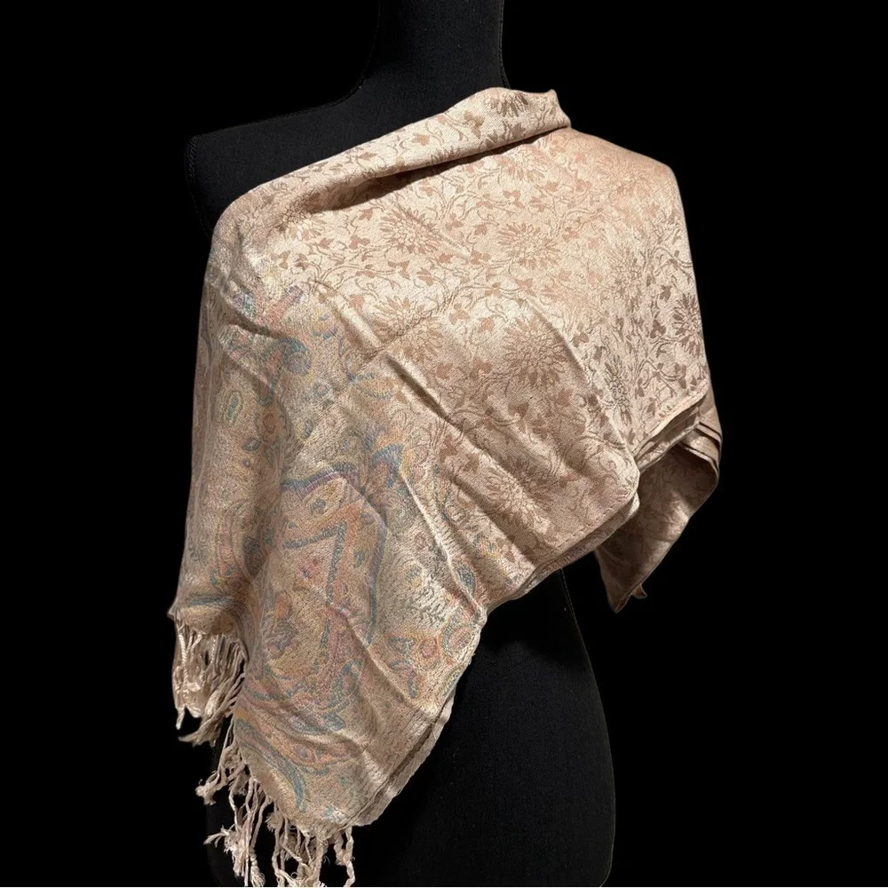 Elegant Shawl in Floral Cream on Cream - Versatile Wrap, Scarf, Veil Soft Rayon
